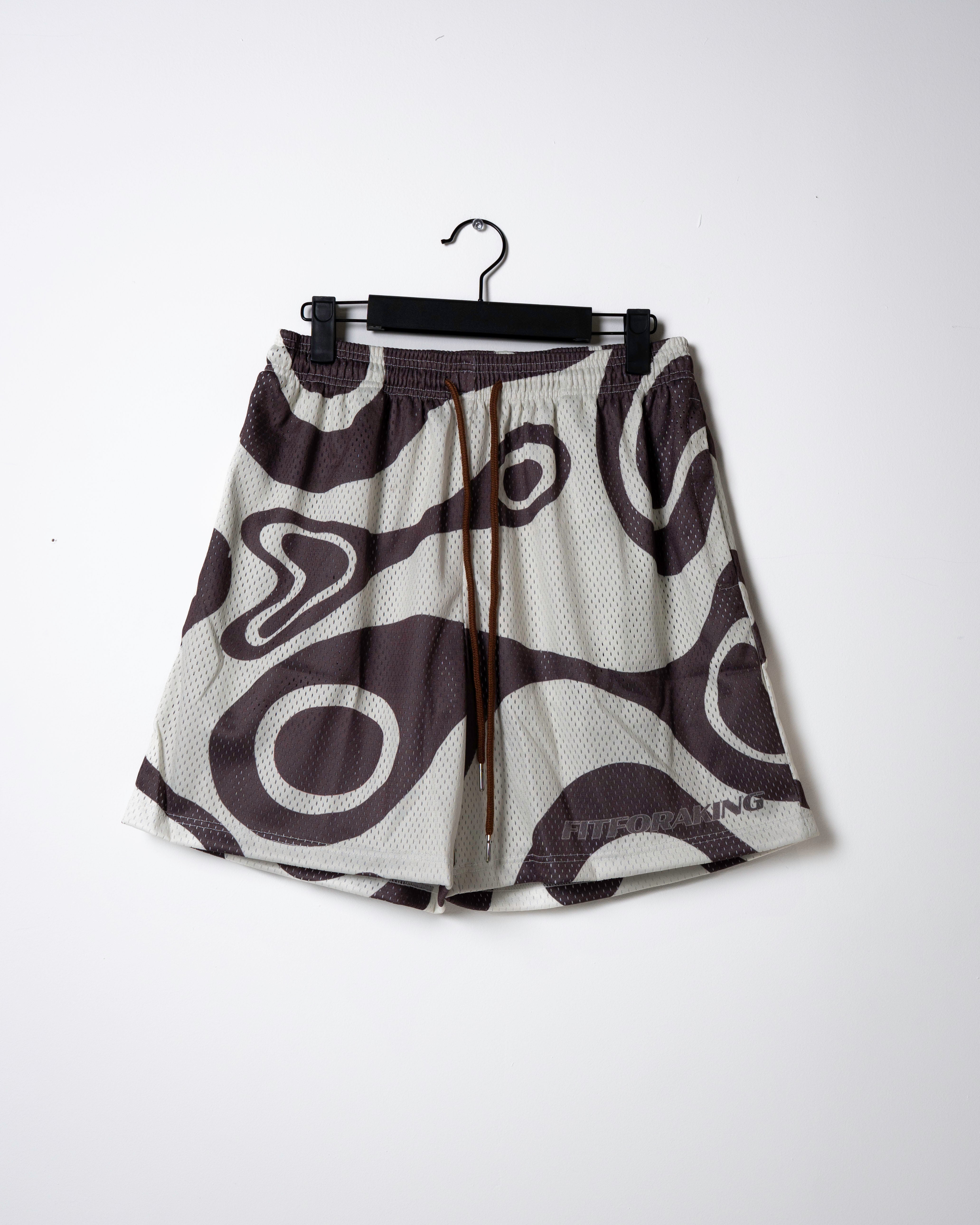 Abstract Swirl Mesh Shorts - Cream/Brown