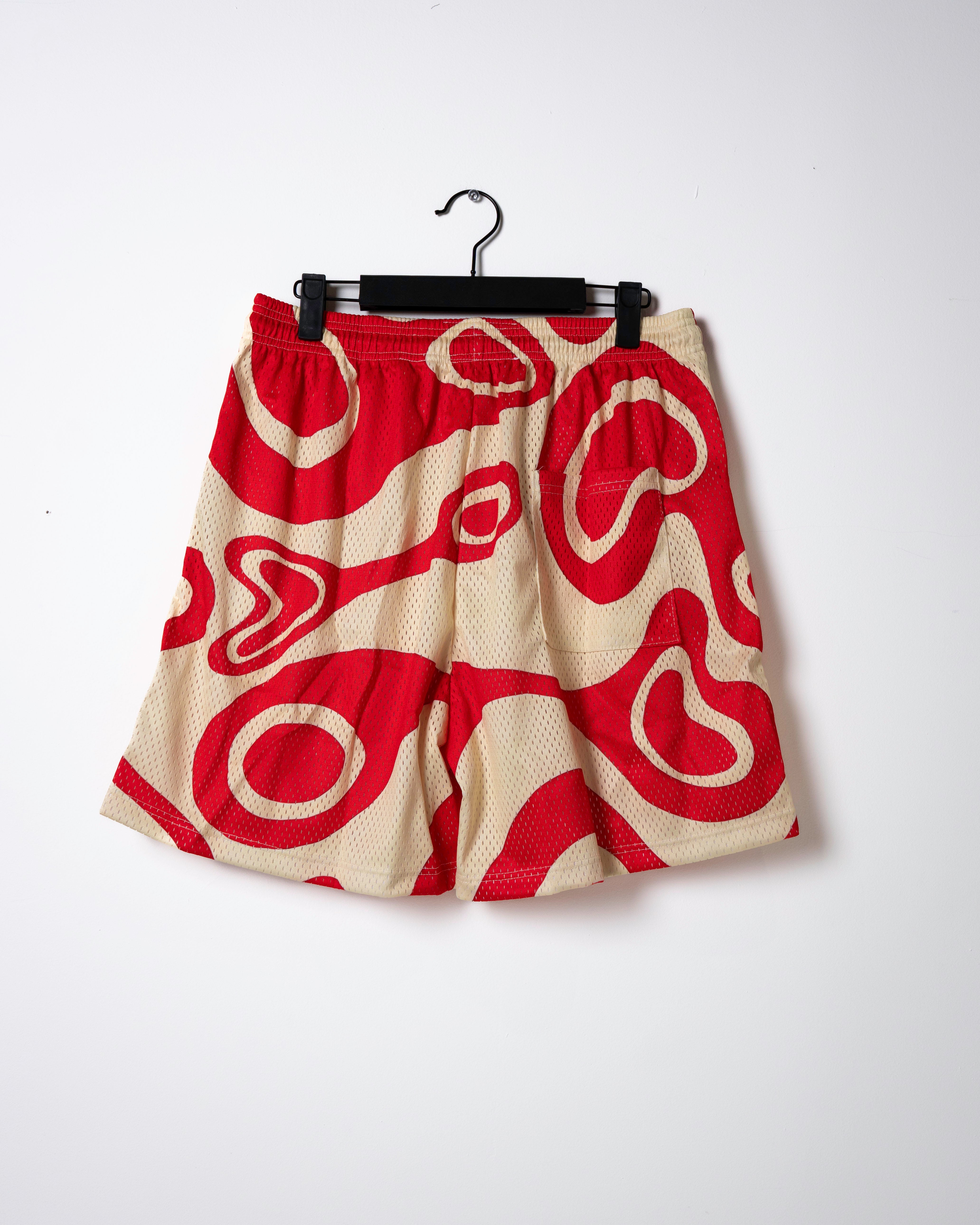 Abstract Swirl Mesh Shorts - Cream/Red