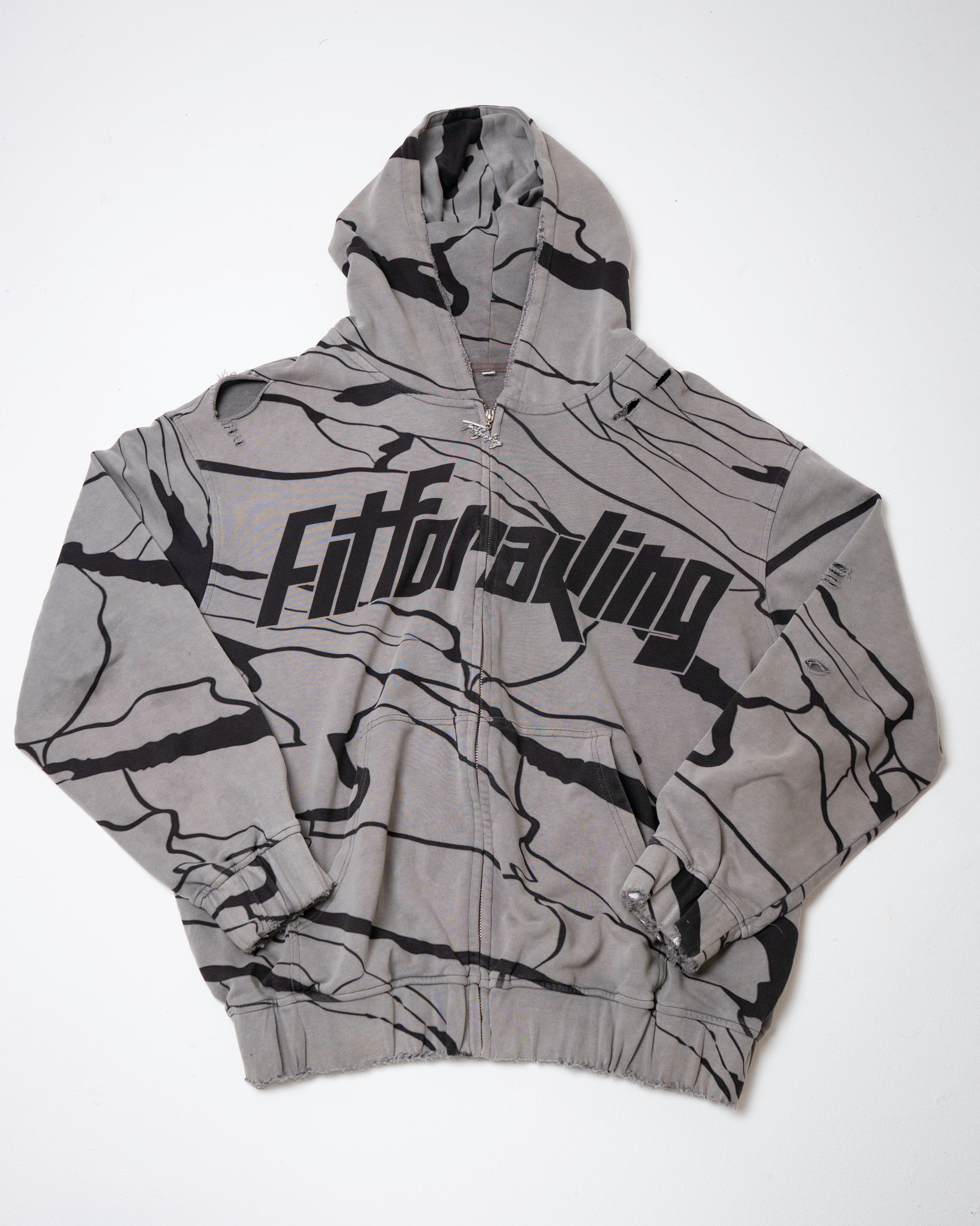 Distressed Abstract Zip Hoodie - Grey